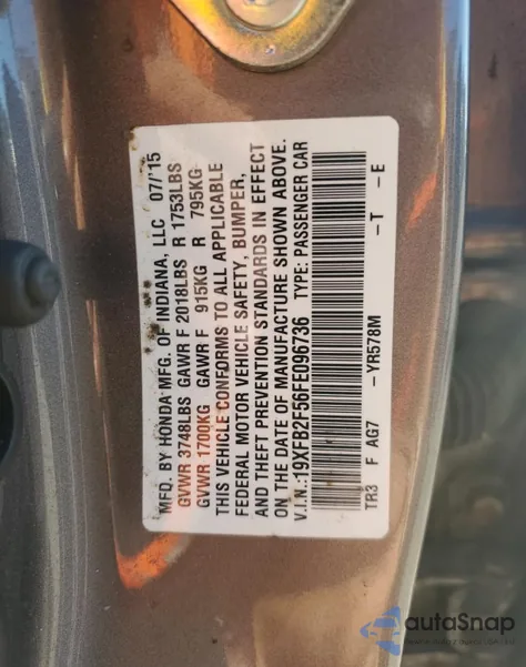 2015 Honda Civic Lx z USA, uszkodzony, nr VIN 19XFB2F56FE096736